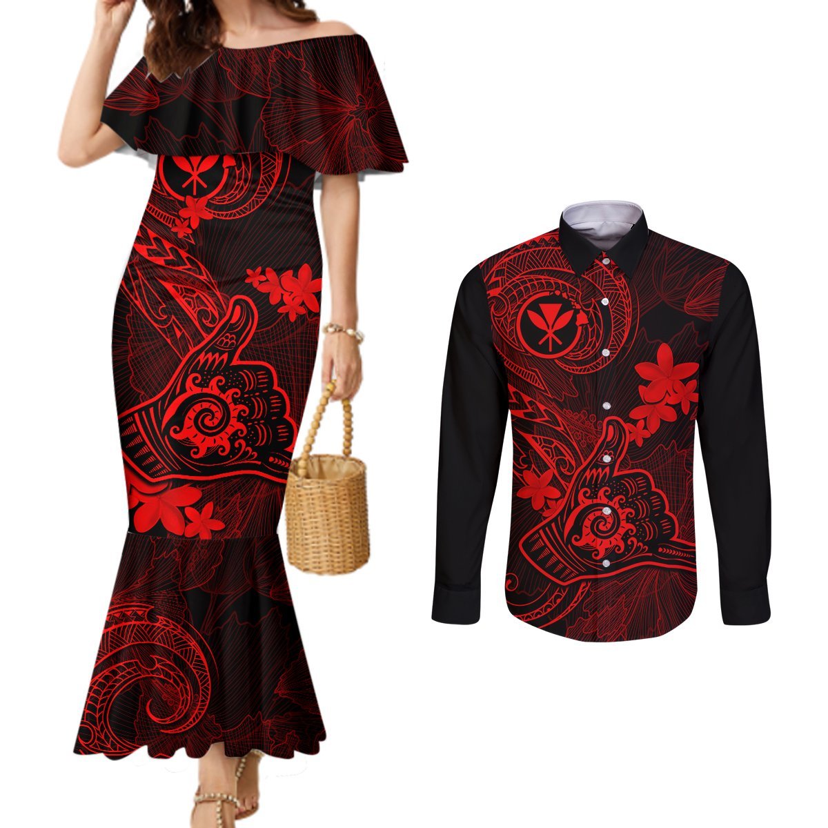 Hawaii Couples Matching Mermaid Dress and Long Sleeve Button Shirts Shaka Tattoo Mix Polynesian Plumeria Red Version LT14 Red - Polynesian Pride
