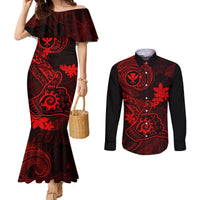 Hawaii Couples Matching Mermaid Dress and Long Sleeve Button Shirts Shaka Tattoo Mix Polynesian Plumeria Red Version LT14 Red - Polynesian Pride