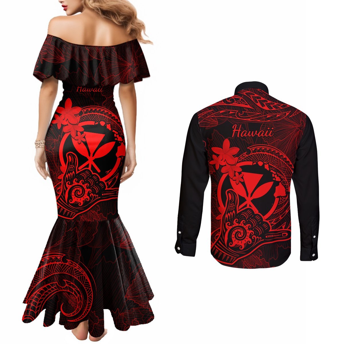 Hawaii Couples Matching Mermaid Dress and Long Sleeve Button Shirts Shaka Tattoo Mix Polynesian Plumeria Red Version LT14 - Polynesian Pride