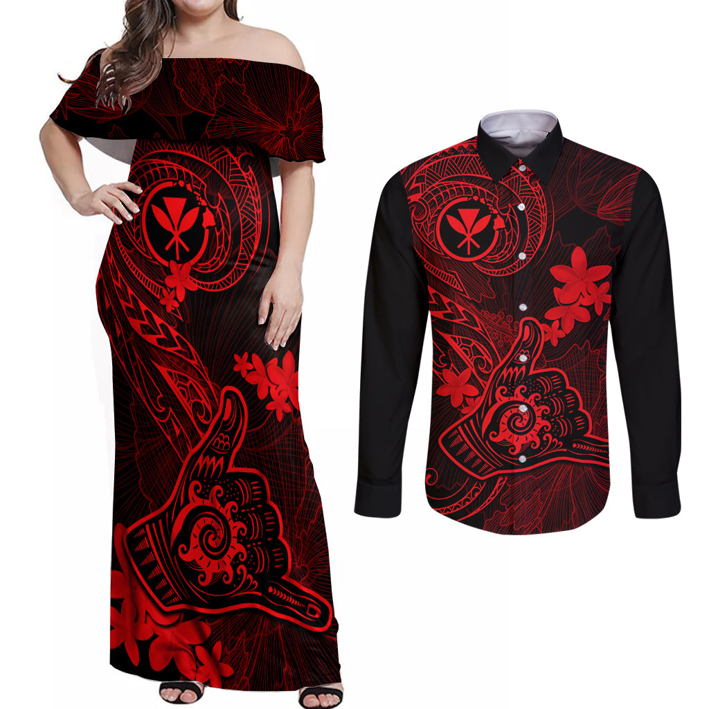 Hawaii Couples Matching Off Shoulder Maxi Dress and Long Sleeve Button Shirts Shaka Tattoo Mix Polynesian Plumeria Red Version LT14 Red - Polynesian Pride