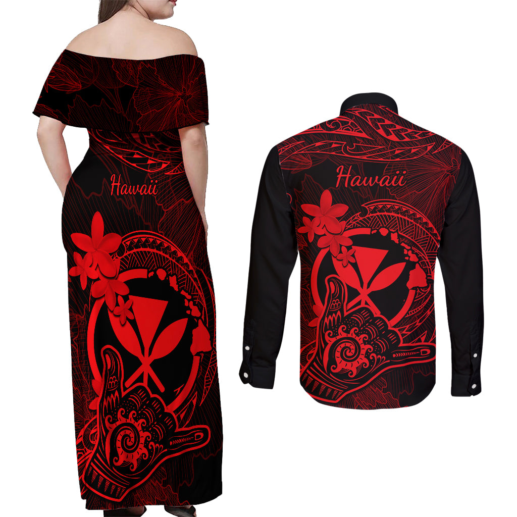 Hawaii Couples Matching Off Shoulder Maxi Dress and Long Sleeve Button Shirts Shaka Tattoo Mix Polynesian Plumeria Red Version LT14 - Polynesian Pride