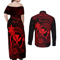 Hawaii Couples Matching Off Shoulder Maxi Dress and Long Sleeve Button Shirts Shaka Tattoo Mix Polynesian Plumeria Red Version LT14 - Polynesian Pride