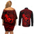 hawaii-couples-matching-off-shoulder-short-dress-and-long-sleeve-button-shirts-shaka-tattoo-mix-polynesian-plumeria-red-version