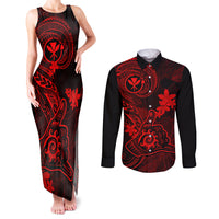 Hawaii Couples Matching Tank Maxi Dress and Long Sleeve Button Shirts Shaka Tattoo Mix Polynesian Plumeria Red Version LT14 Red - Polynesian Pride