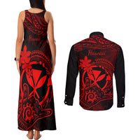 Hawaii Couples Matching Tank Maxi Dress and Long Sleeve Button Shirts Shaka Tattoo Mix Polynesian Plumeria Red Version LT14 - Polynesian Pride