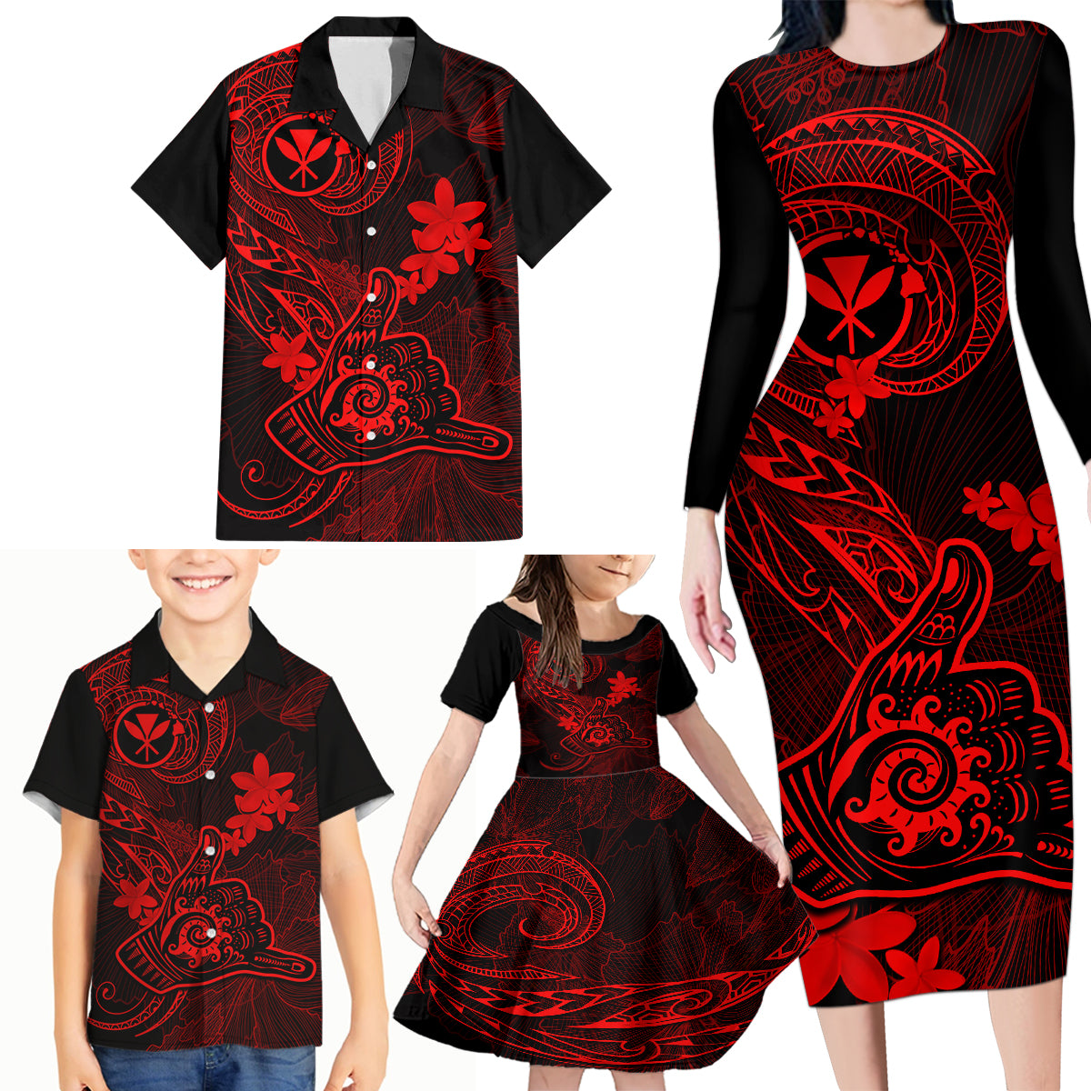 hawaii-family-matching-long-sleeve-bodycon-dress-and-hawaiian-shirt-shaka-tattoo-mix-polynesian-plumeria-red-version