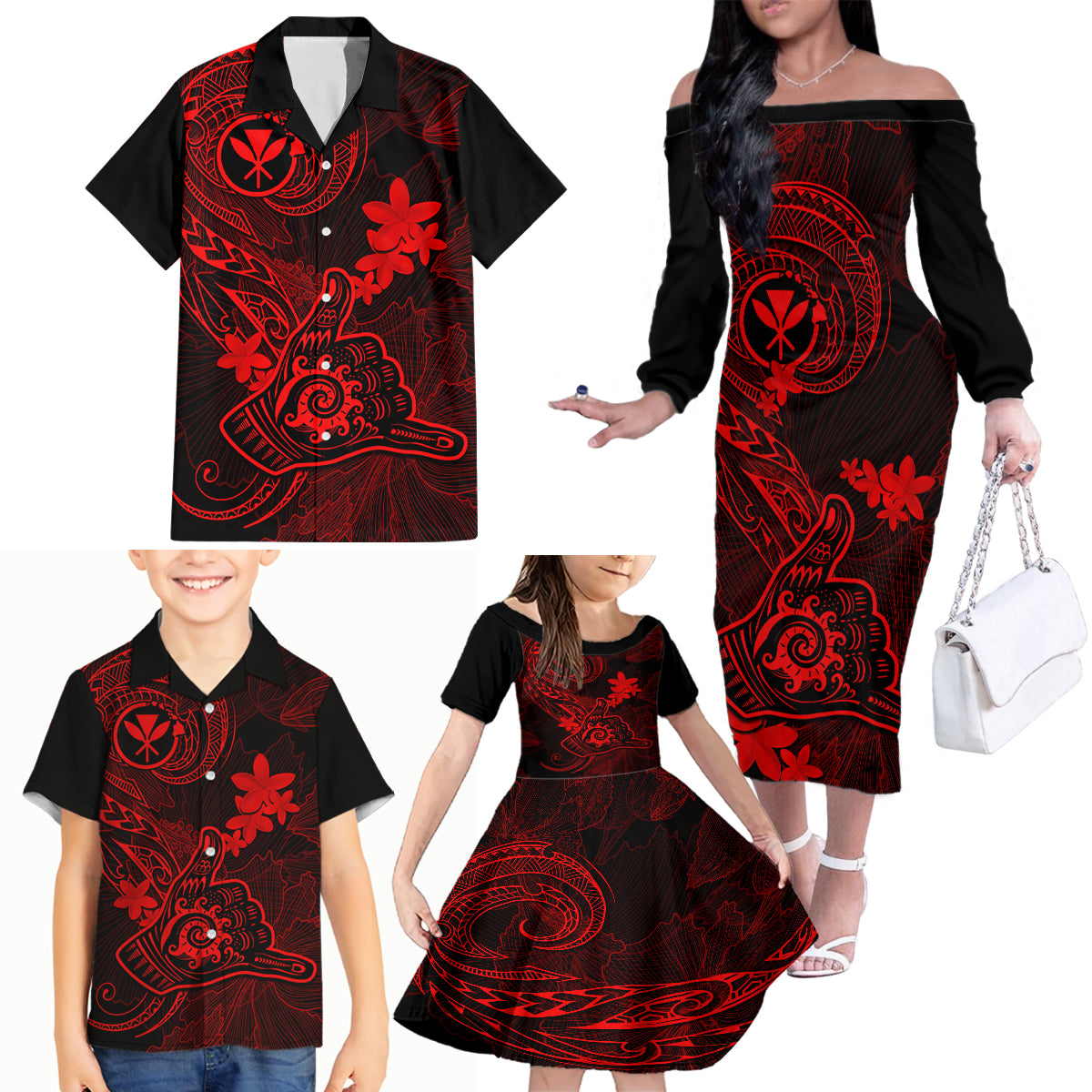 hawaii-family-matching-off-shoulder-long-sleeve-dress-and-hawaiian-shirt-shaka-tattoo-mix-polynesian-plumeria-red-version