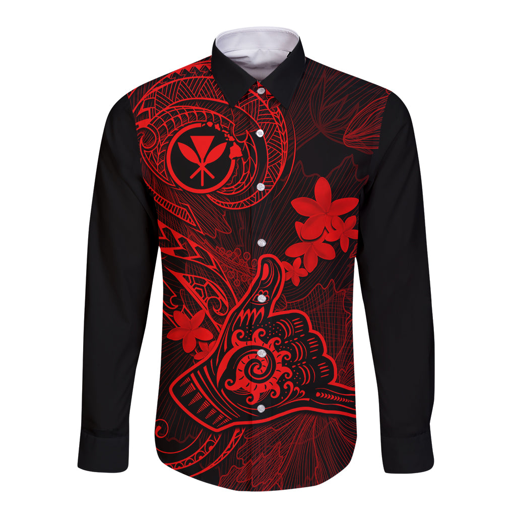 Hawaii Long Sleeve Button Shirt Shaka Tattoo Mix Polynesian Plumeria Red Version LT14 Unisex Red - Polynesian Pride