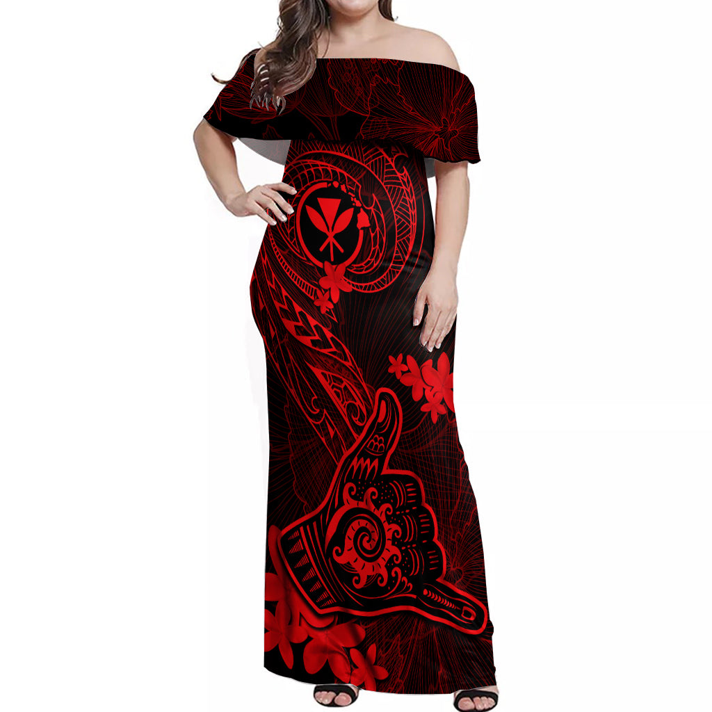 Hawaii Off Shoulder Maxi Dress Shaka Tattoo Mix Polynesian Plumeria Re