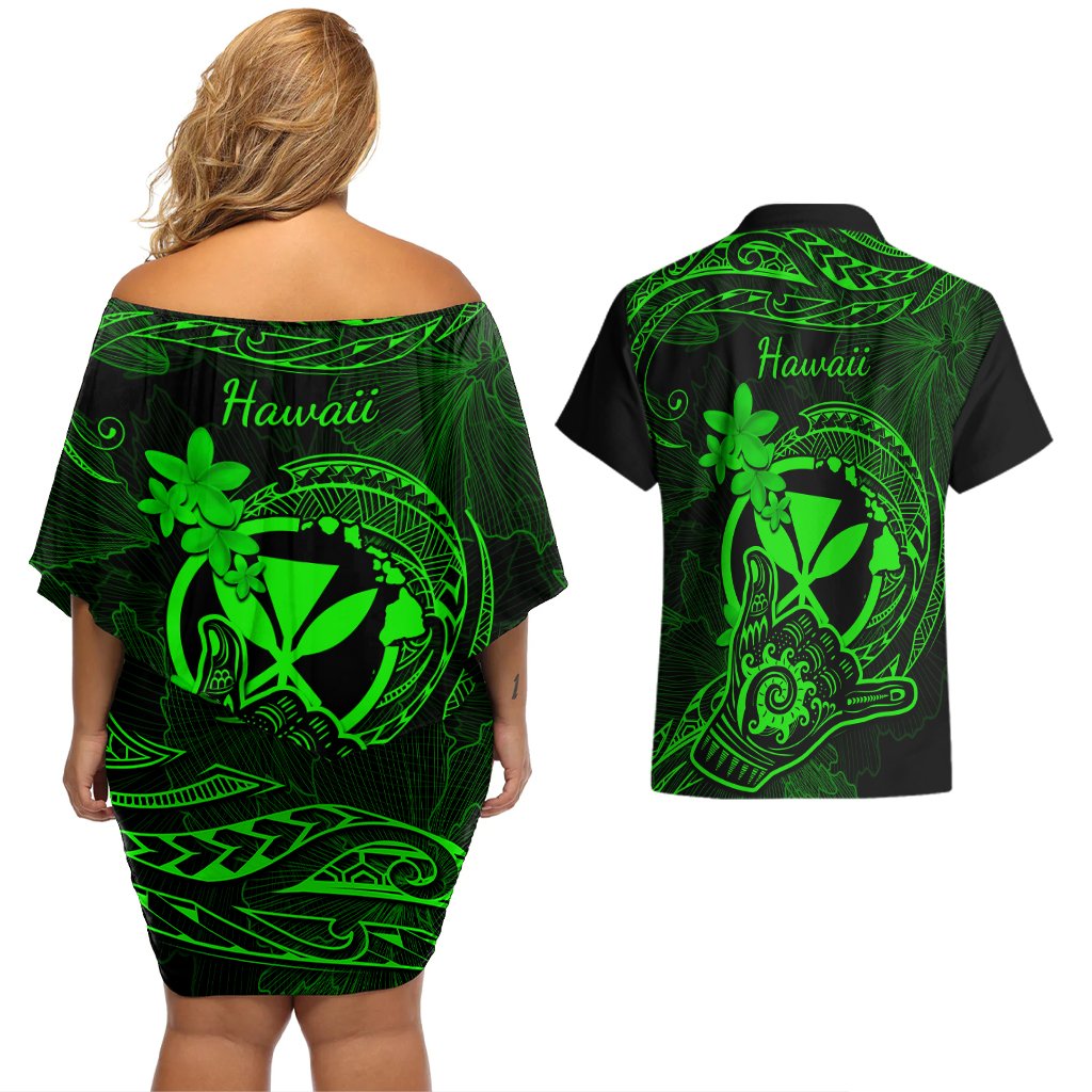 hawaii-couples-matching-off-shoulder-short-dress-and-hawaiian-shirt-shaka-tattoo-mix-polynesian-plumeria-green-version