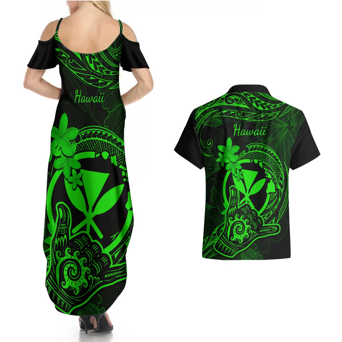 hawaii-couples-matching-summer-maxi-dress-and-hawaiian-shirt-shaka-tattoo-mix-polynesian-plumeria-green-version