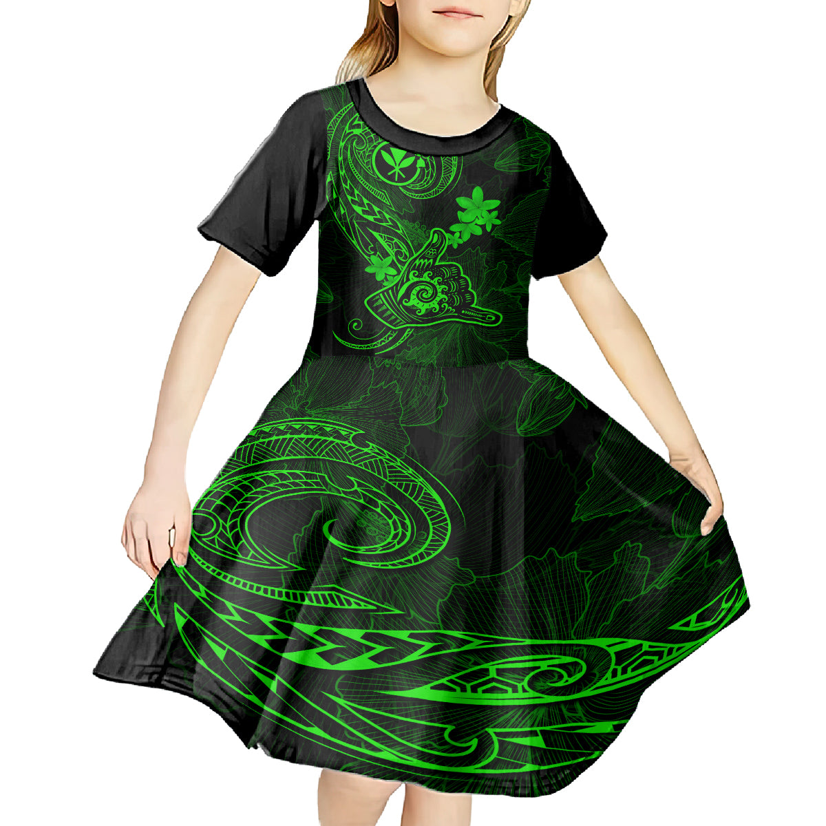 hawaii-kid-short-sleeve-dress-shaka-tattoo-mix-polynesian-plumeria-green-version