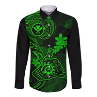 hawaii-long-sleeve-button-shirt-shaka-tattoo-mix-polynesian-plumeria-green-version