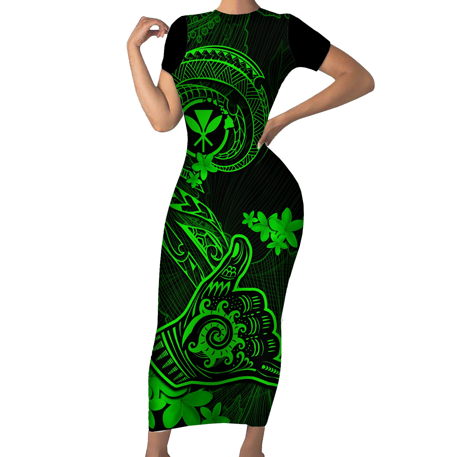 hawaii-short-sleeve-bodycon-dress-shaka-tattoo-mix-polynesian-plumeria-green-version