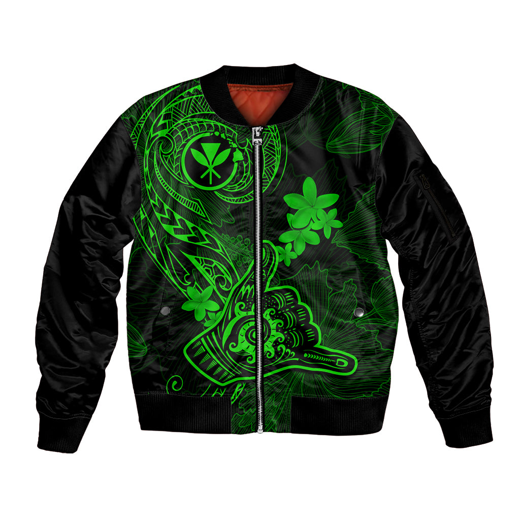 Hawaii Sleeve Zip Bomber Jacket Shaka Tattoo Mix Polynesian Plumeria Green Version LT14 Unisex Green - Polynesian Pride