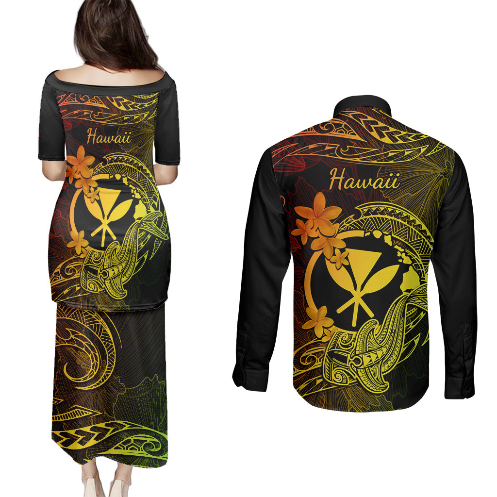 hawaii-couples-matching-puletasi-dress-and-long-sleeve-button-shirts-hammerhead-shark-tattoo-mix-polynesian-plumeria-reggae-version