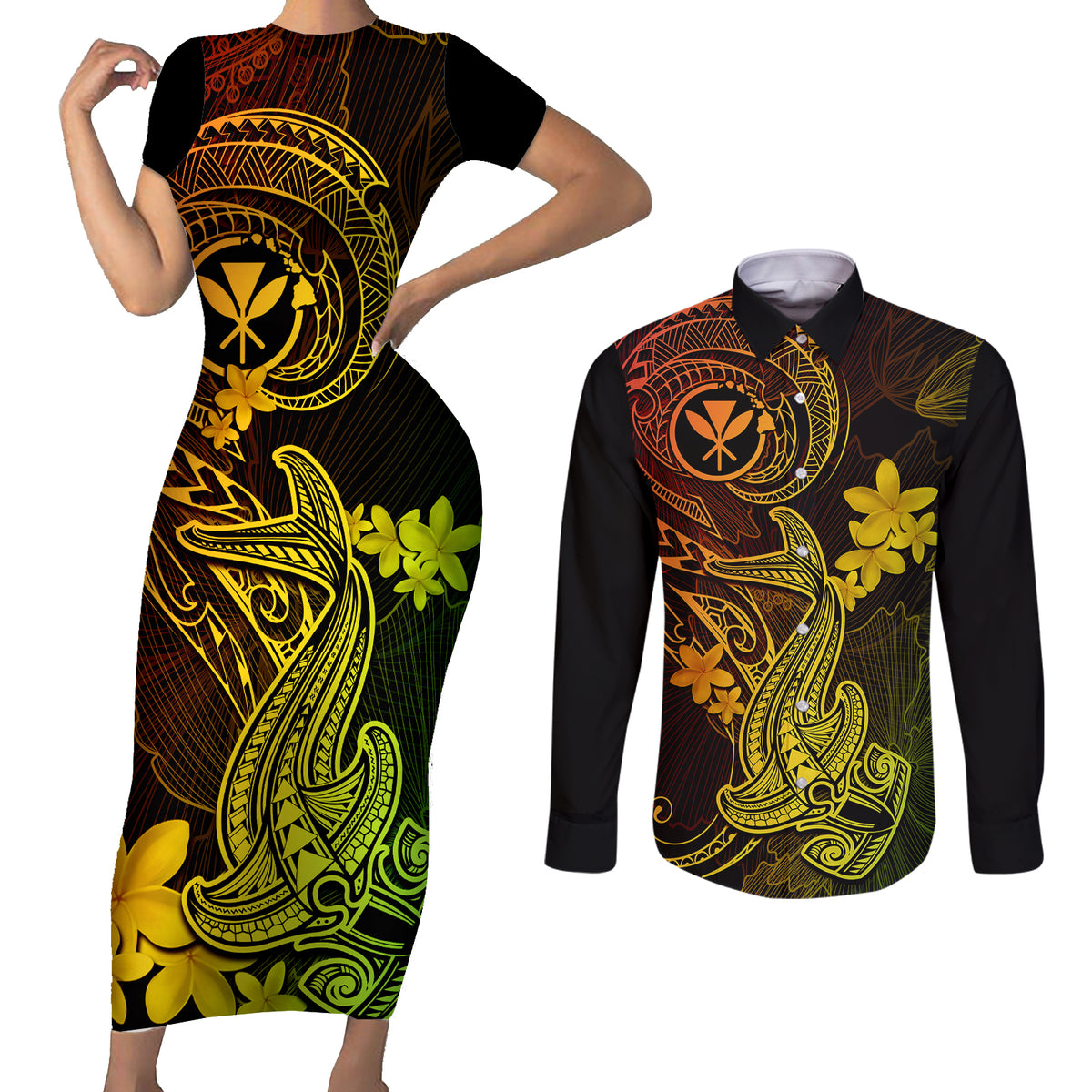 hawaii-couples-matching-short-sleeve-bodycon-dress-and-long-sleeve-button-shirts-hammerhead-shark-tattoo-mix-polynesian-plumeria-reggae-version