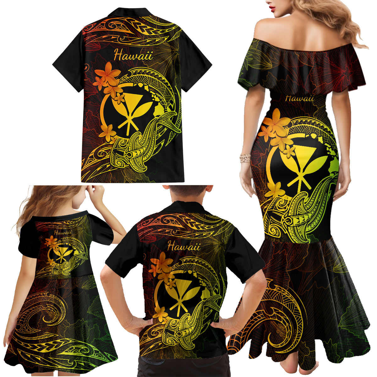 hawaii-family-matching-mermaid-dress-and-hawaiian-shirt-hammerhead-shark-tattoo-mix-polynesian-plumeria-reggae-version