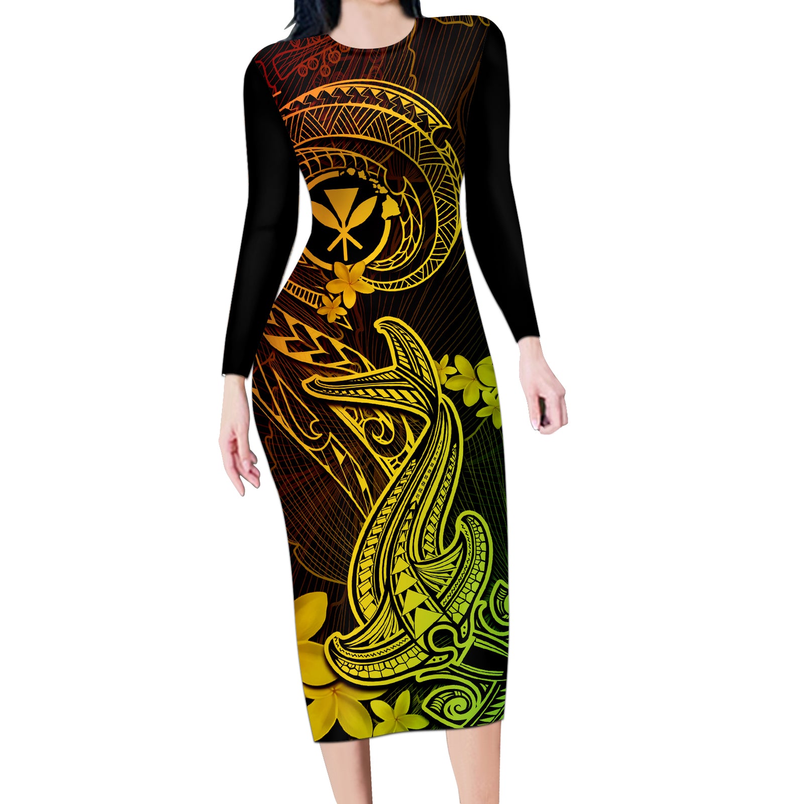 Hawaii Long Sleeve Bodycon Dress Hammerhead Shark Tattoo Mix Polynesian Plumeria Reggae Version LT14 Long Dress Reggae - Polynesian Pride