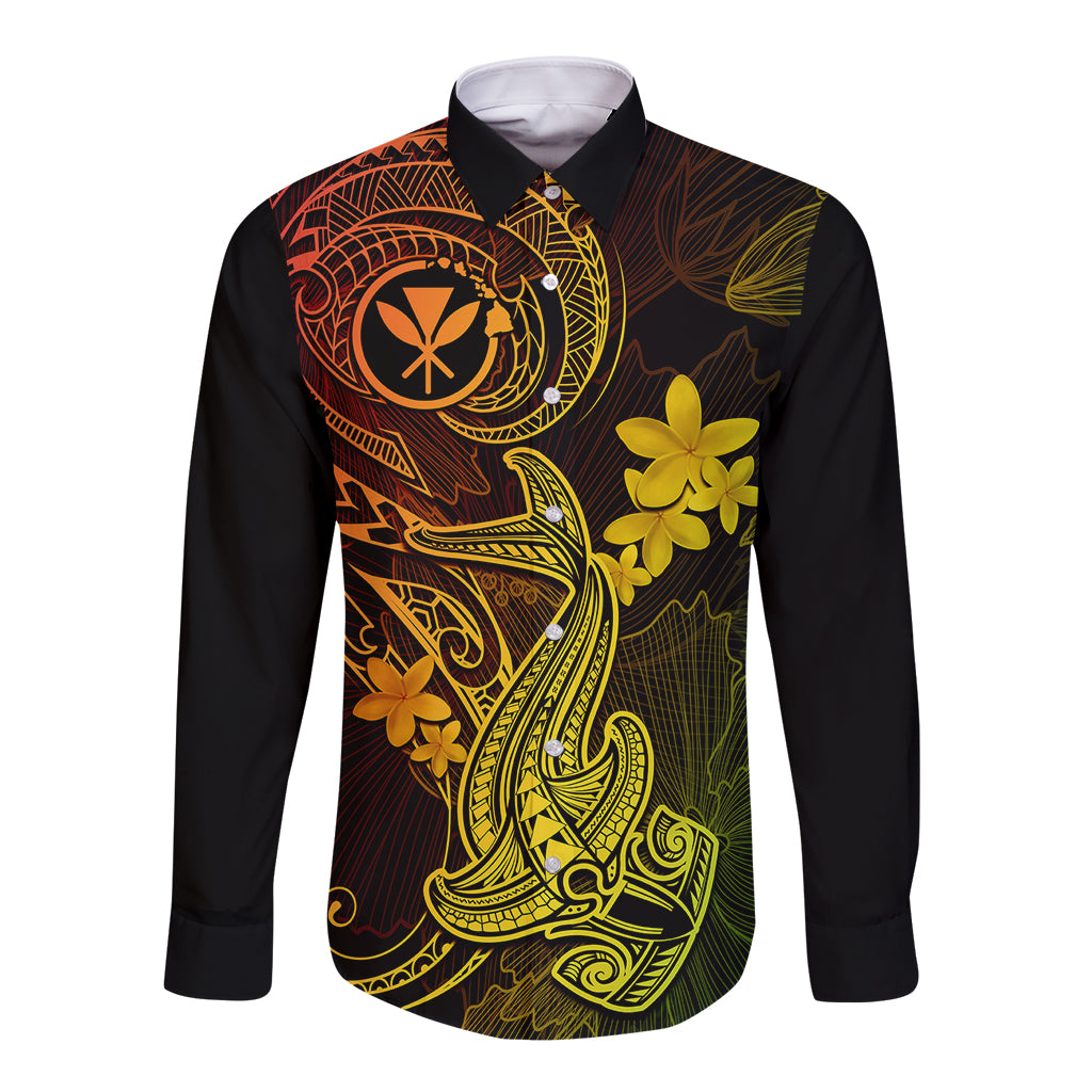 Hawaii Long Sleeve Button Shirt Hammerhead Shark Tattoo Mix Polynesian Plumeria Reggae Version LT14 Unisex Reggae - Polynesian Pride