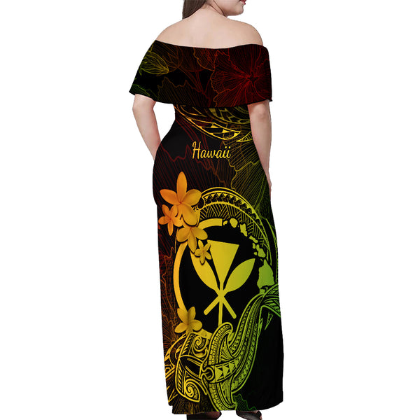 Hawaii Hammerhead Shark Off Shoulder Long Dress Polynesian Kakau With Kanaka Green LT14 main image 1