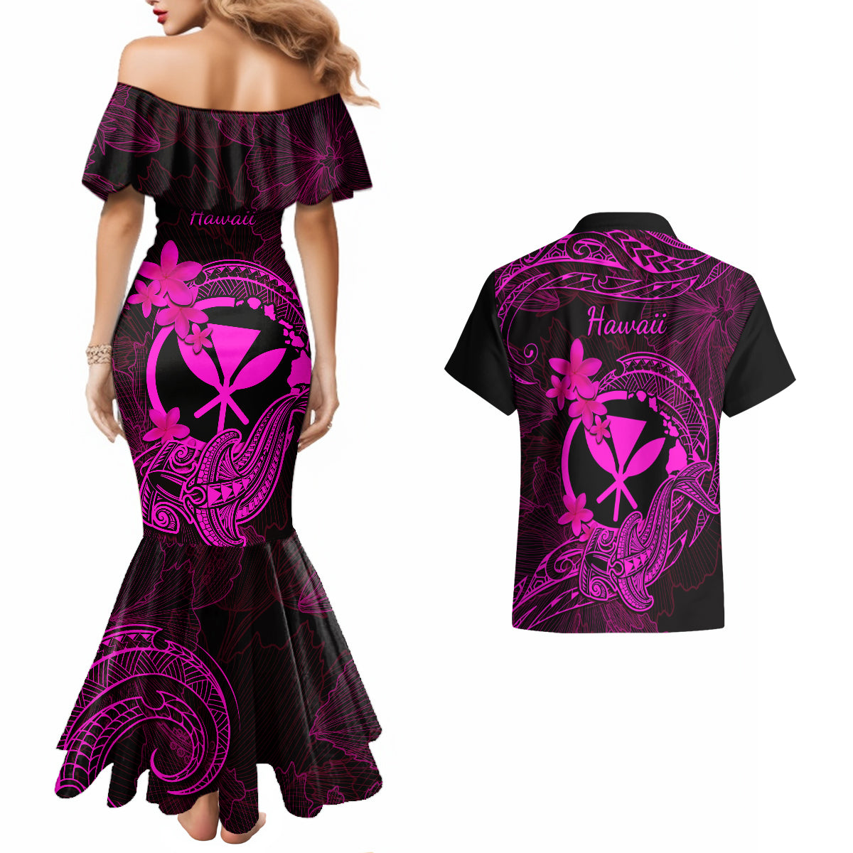 hawaii-couples-matching-mermaid-dress-and-hawaiian-shirt-hammerhead-shark-tattoo-mix-polynesian-plumeria-pink-version