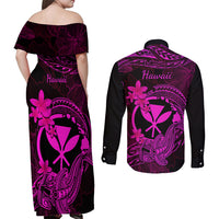 hawaii-couples-matching-off-shoulder-maxi-dress-and-long-sleeve-button-shirts-hammerhead-shark-tattoo-mix-polynesian-plumeria-pink-version