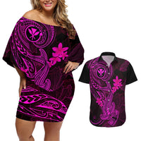 hawaii-couples-matching-off-shoulder-short-dress-and-hawaiian-shirt-hammerhead-shark-tattoo-mix-polynesian-plumeria-pink-version