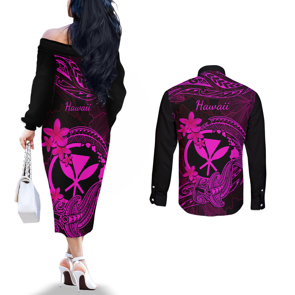 hawaii-couples-matching-off-the-shoulder-long-sleeve-dress-and-long-sleeve-button-shirts-hammerhead-shark-tattoo-mix-polynesian-plumeria-pink-version
