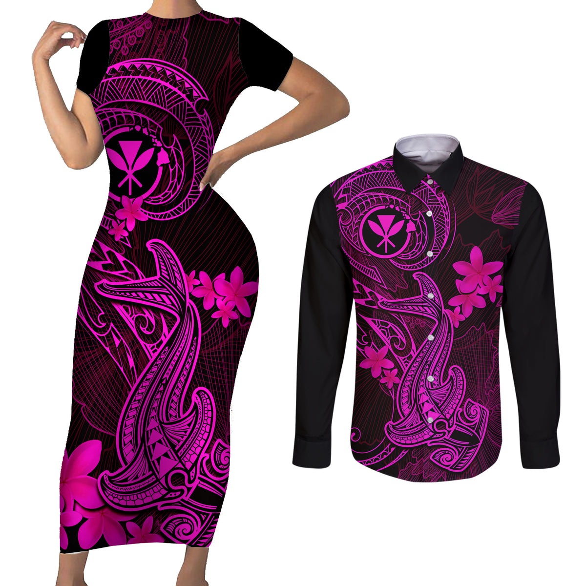 hawaii-couples-matching-short-sleeve-bodycon-dress-and-long-sleeve-button-shirts-hammerhead-shark-tattoo-mix-polynesian-plumeria-pink-version