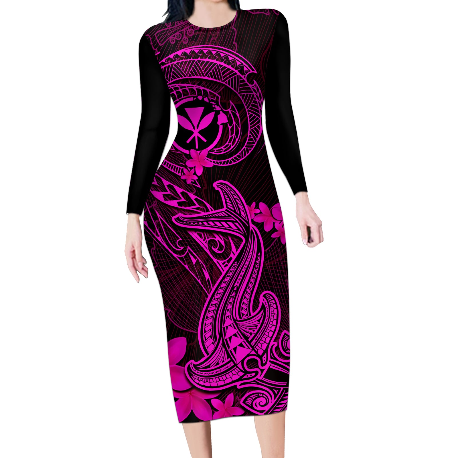 Hawaii Long Sleeve Bodycon Dress Hammerhead Shark Tattoo Mix Polynesian Plumeria Pink Version LT14 Long Dress Pink - Polynesian Pride