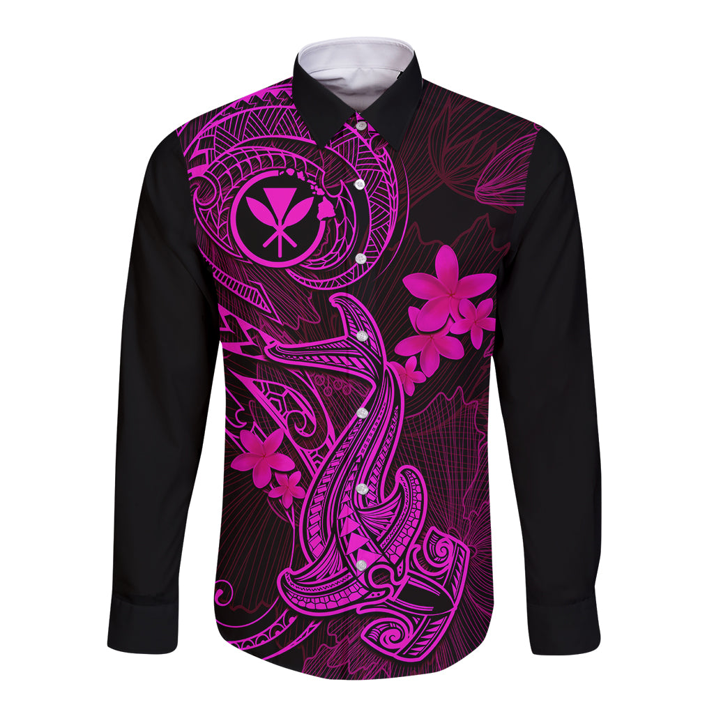 hawaii-long-sleeve-button-shirt-hammerhead-shark-tattoo-mix-polynesian-plumeria-pink-version