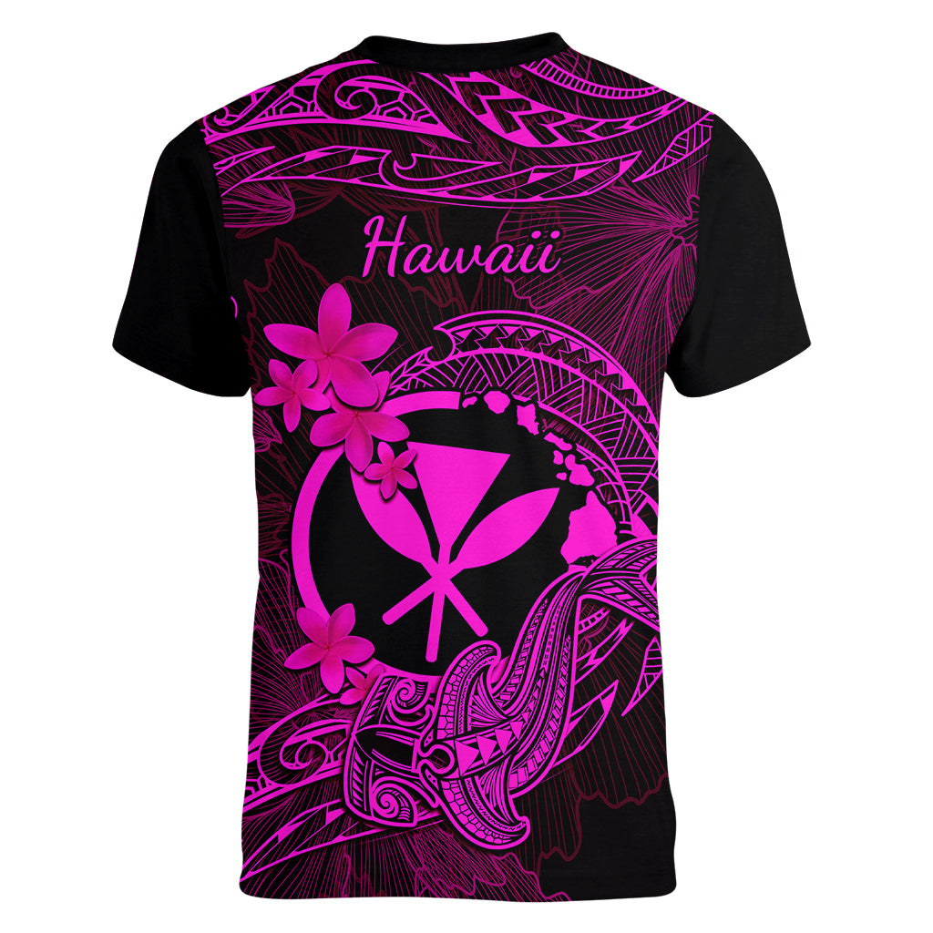 hawaii-women-v-neck-t-shirt-hammerhead-shark-tattoo-mix-polynesian-plumeria-pink-version
