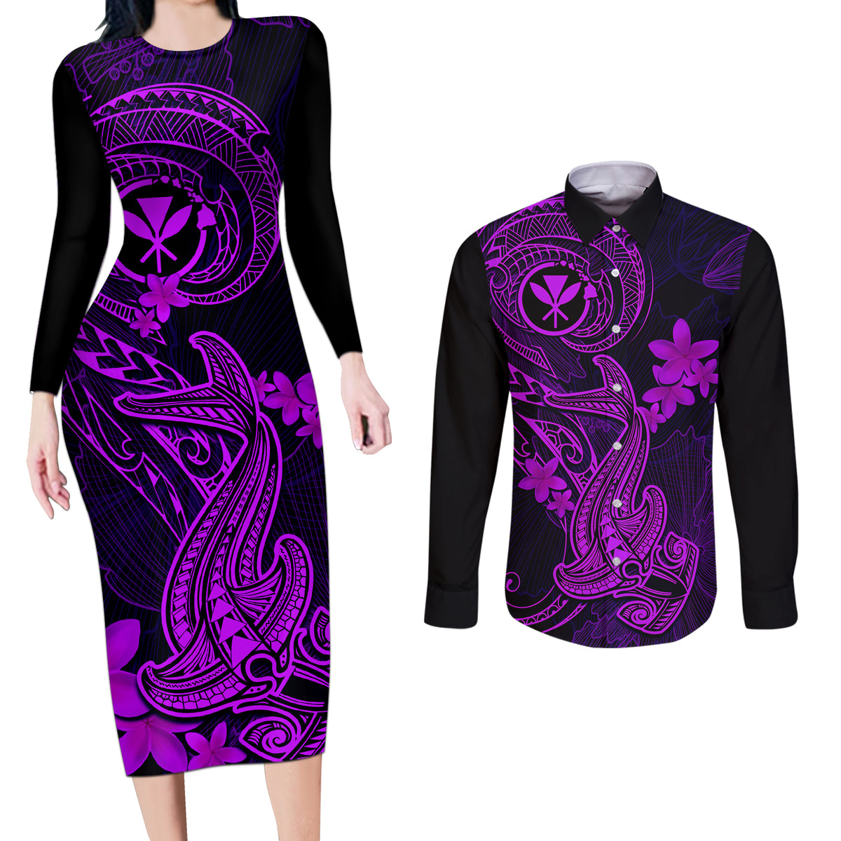 hawaii-couples-matching-long-sleeve-bodycon-dress-and-long-sleeve-button-shirts-hammerhead-shark-tattoo-mix-polynesian-plumeria-purple-version