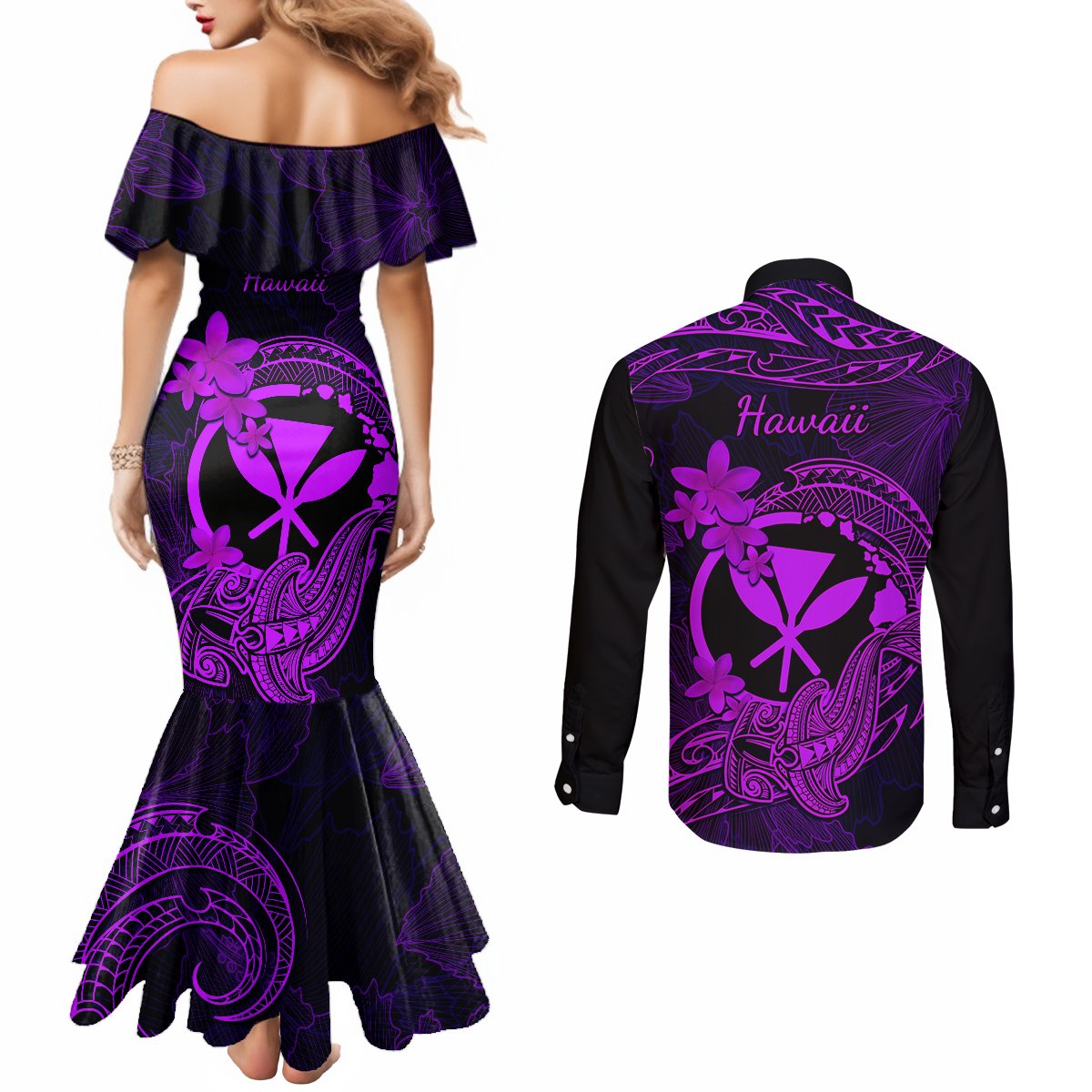 hawaii-couples-matching-mermaid-dress-and-long-sleeve-button-shirts-hammerhead-shark-tattoo-mix-polynesian-plumeria-purple-version