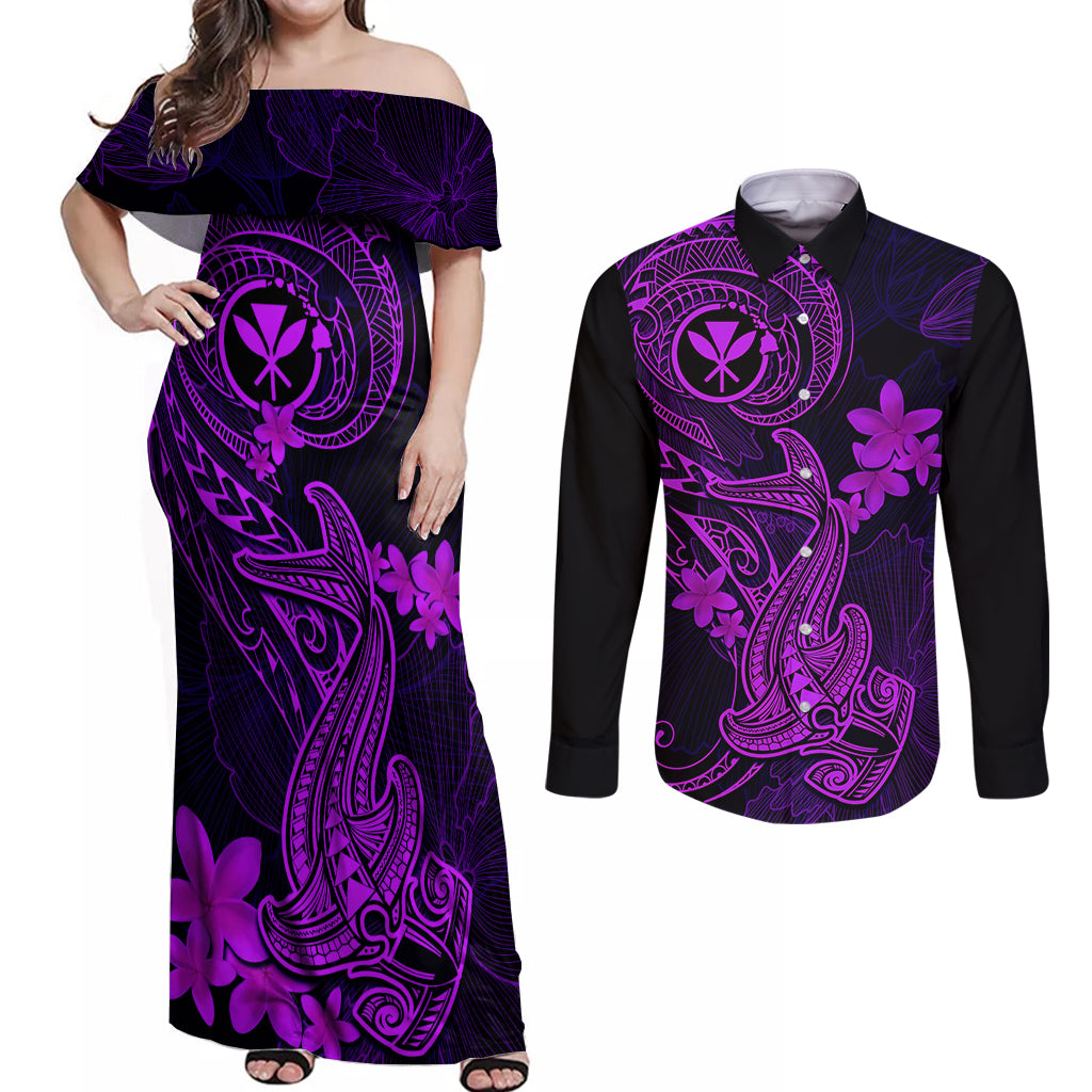 hawaii-couples-matching-off-shoulder-maxi-dress-and-long-sleeve-button-shirts-hammerhead-shark-tattoo-mix-polynesian-plumeria-purple-version
