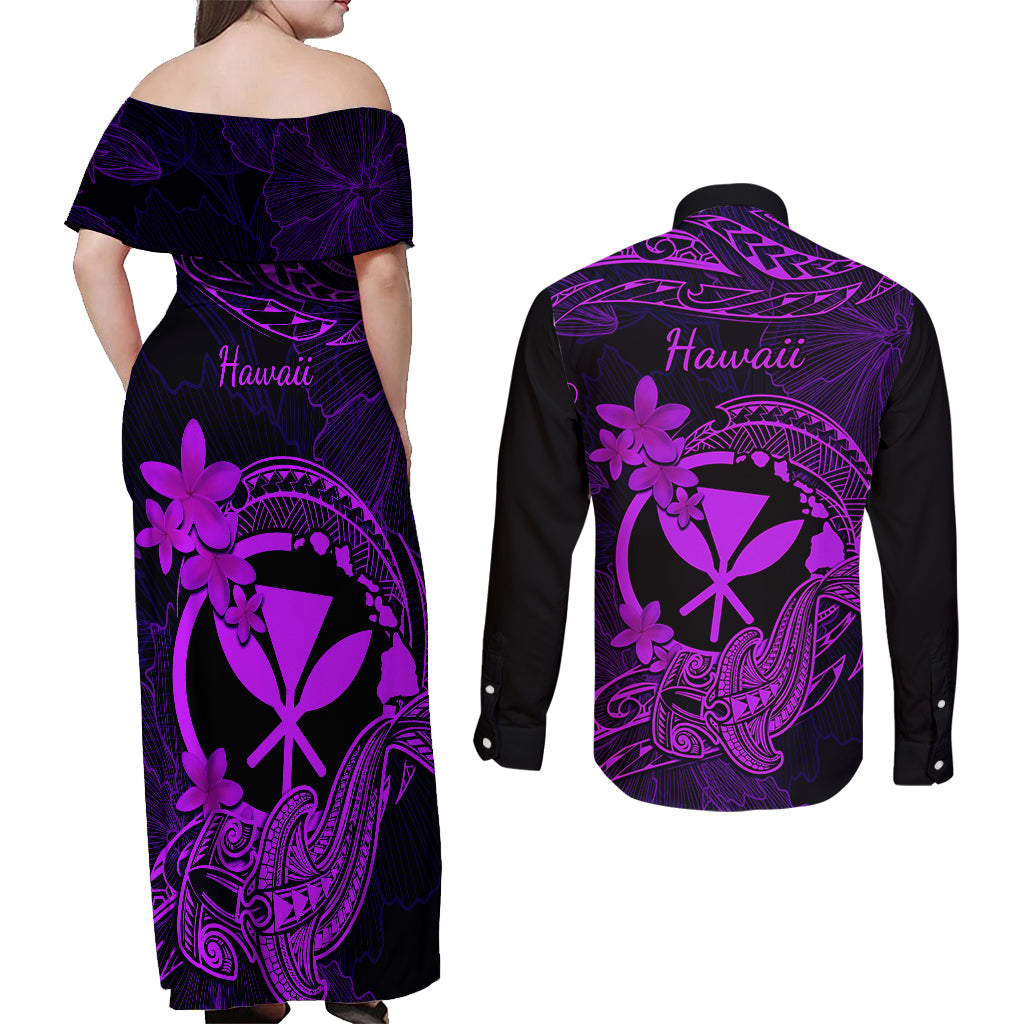 hawaii-couples-matching-off-shoulder-maxi-dress-and-long-sleeve-button-shirts-hammerhead-shark-tattoo-mix-polynesian-plumeria-purple-version