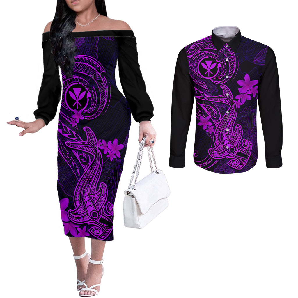 hawaii-couples-matching-off-the-shoulder-long-sleeve-dress-and-long-sleeve-button-shirts-hammerhead-shark-tattoo-mix-polynesian-plumeria-purple-version