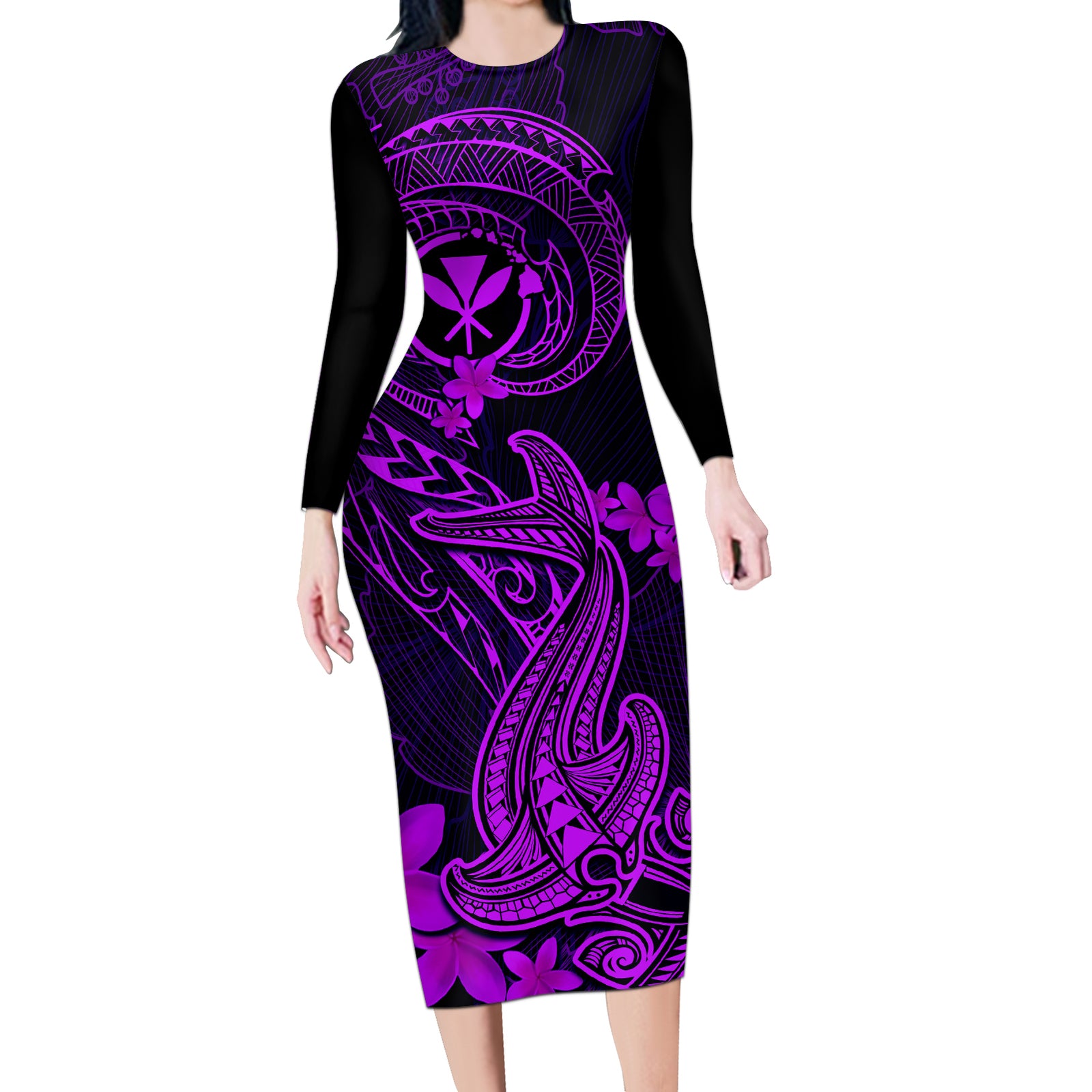 Hawaii Long Sleeve Bodycon Dress Hammerhead Shark Tattoo Mix Polynesian Plumeria Purple Version LT14 Long Dress Purple - Polynesian Pride