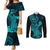 hawaii-couples-matching-mermaid-dress-and-long-sleeve-button-shirts-hammerhead-shark-tattoo-mix-polynesian-plumeria-turquoise-version