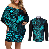 hawaii-couples-matching-off-shoulder-short-dress-and-long-sleeve-button-shirts-hammerhead-shark-tattoo-mix-polynesian-plumeria-turquoise-version