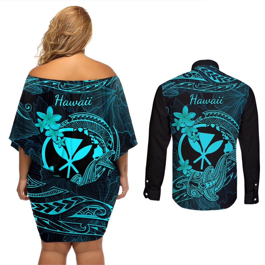 hawaii-couples-matching-off-shoulder-short-dress-and-long-sleeve-button-shirts-hammerhead-shark-tattoo-mix-polynesian-plumeria-turquoise-version