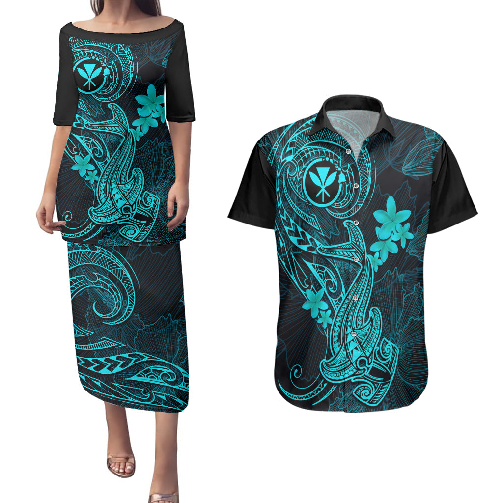 hawaii-couples-matching-puletasi-dress-and-hawaiian-shirt-hammerhead-shark-tattoo-mix-polynesian-plumeria-turquoise-version