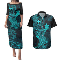 hawaii-couples-matching-puletasi-dress-and-hawaiian-shirt-hammerhead-shark-tattoo-mix-polynesian-plumeria-turquoise-version