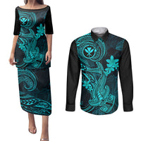hawaii-couples-matching-puletasi-dress-and-long-sleeve-button-shirts-hammerhead-shark-tattoo-mix-polynesian-plumeria-turquoise-version