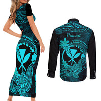 hawaii-couples-matching-short-sleeve-bodycon-dress-and-long-sleeve-button-shirts-hammerhead-shark-tattoo-mix-polynesian-plumeria-turquoise-version