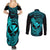 hawaii-couples-matching-summer-maxi-dress-and-long-sleeve-button-shirts-hammerhead-shark-tattoo-mix-polynesian-plumeria-turquoise-version