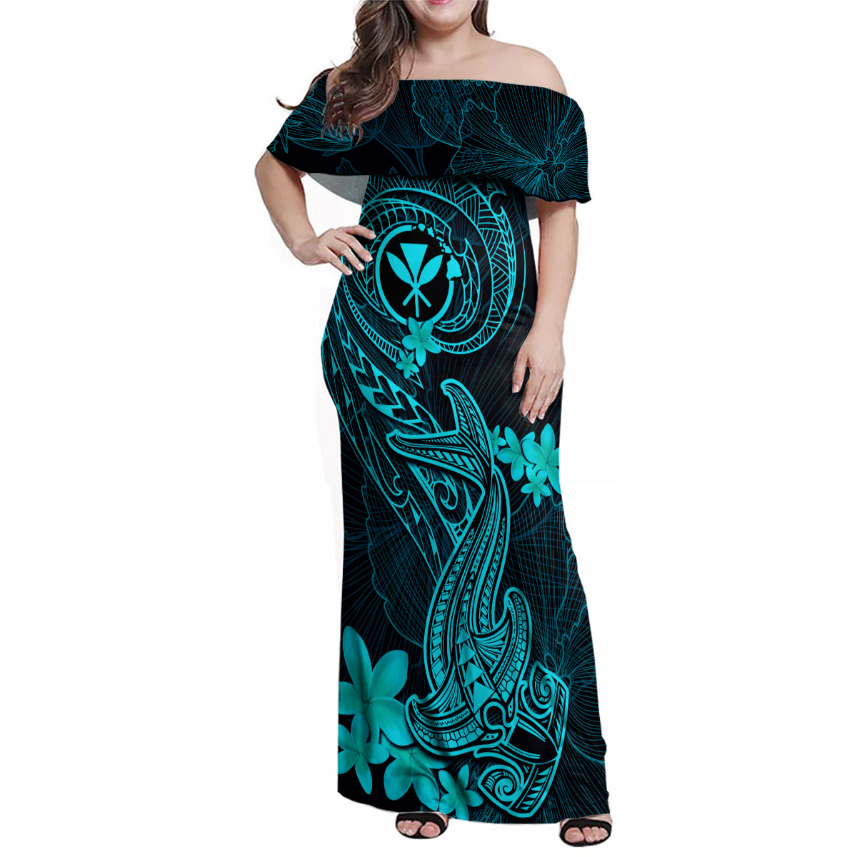 hawaii-family-matching-off-shoulder-maxi-dress-and-hawaiian-shirt-hammerhead-shark-tattoo-mix-polynesian-plumeria-turquoise-version