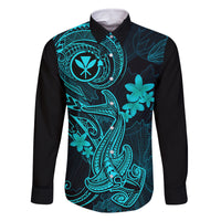Hawaii Family Matching Puletasi Dress and Hawaiian Shirt Hammerhead Shark Tattoo Mix Polynesian Plumeria Turquoise Version LT14 Dad's Shirt - Long Sleeve Turquoise - Polynesian Pride
