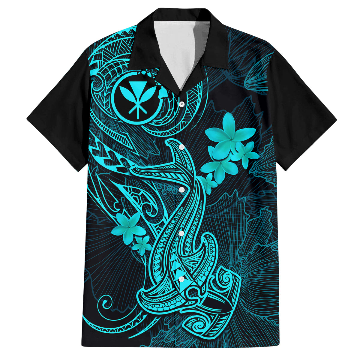 hawaii-kid-hawaiian-shirt-hammerhead-shark-tattoo-mix-polynesian-plumeria-turquoise-version